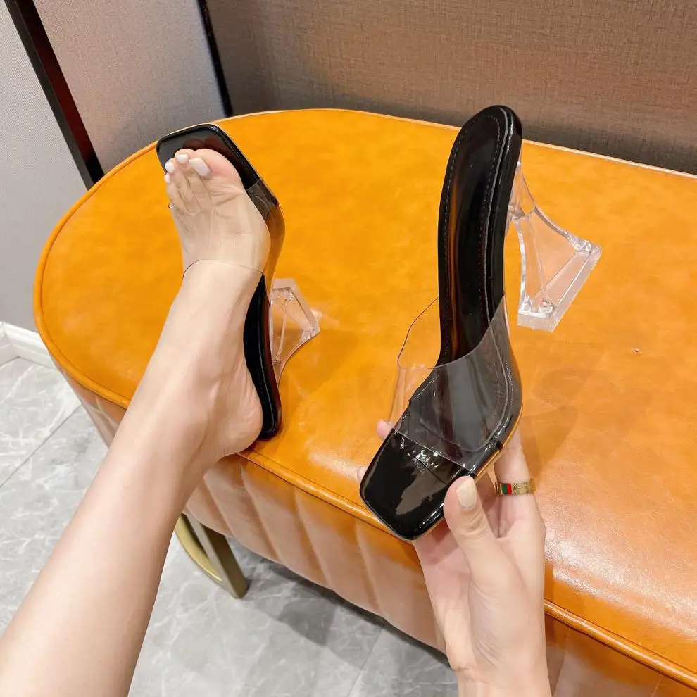 2022 Star style Transparent PVC Crystal Clear Heeled Women Slippers Fashion High heels Female Mules Slides Summer Sandals Shoes