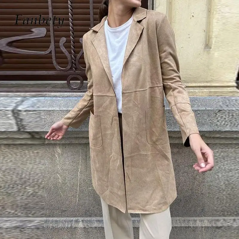 

2023 универсальная однотонная свободная ветровка с карманами, модный блейзер с отворотом, осенняя замшевая Женская куртка для офиса и поездок