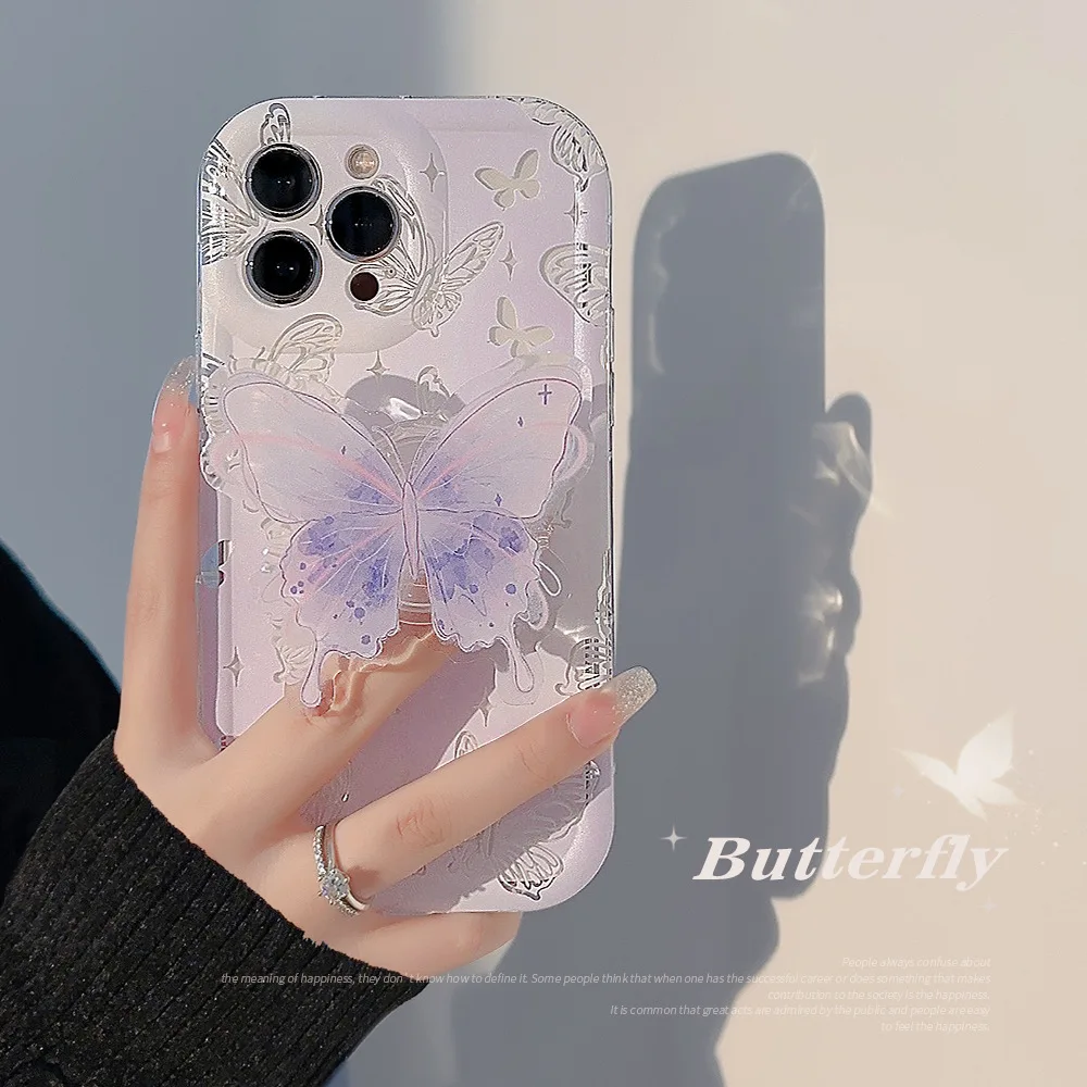

Ins Style Watercolor Butterfly Holder Phone Case for iPhone 14 12 13 11 Pro ProMax Plus X XR Xsmax Shockproof Soft Phone Cover