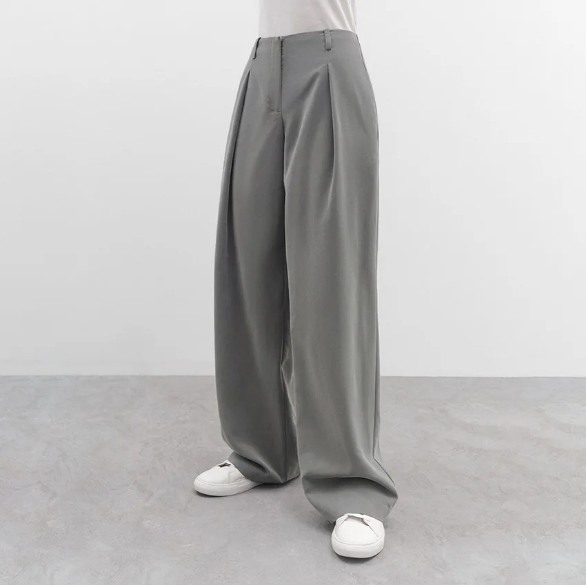 

2023 New Women Spring Summer Straight Loose Wide Leg Mop Trousers High Waist Casual Baggy Grey Fashion Work Pant High Quality