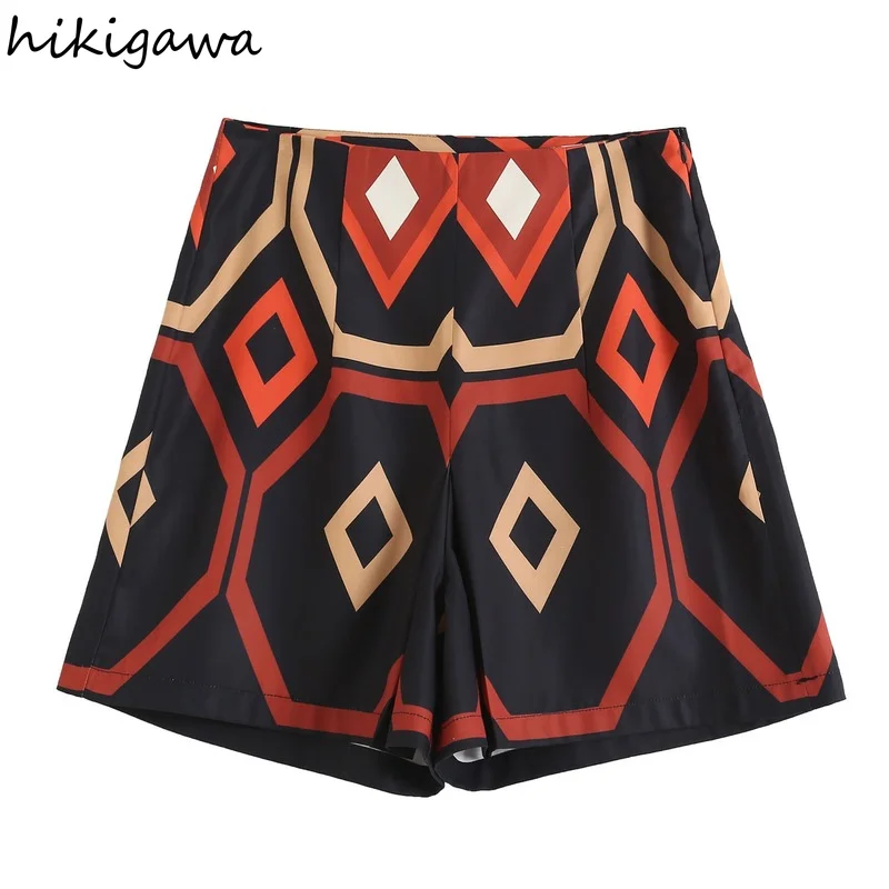 

Hikigawa Women Fashion Front PLeated Chic Geometric Print Shorts Vintage High Waist Side Zipper Female Short Pants Mujer