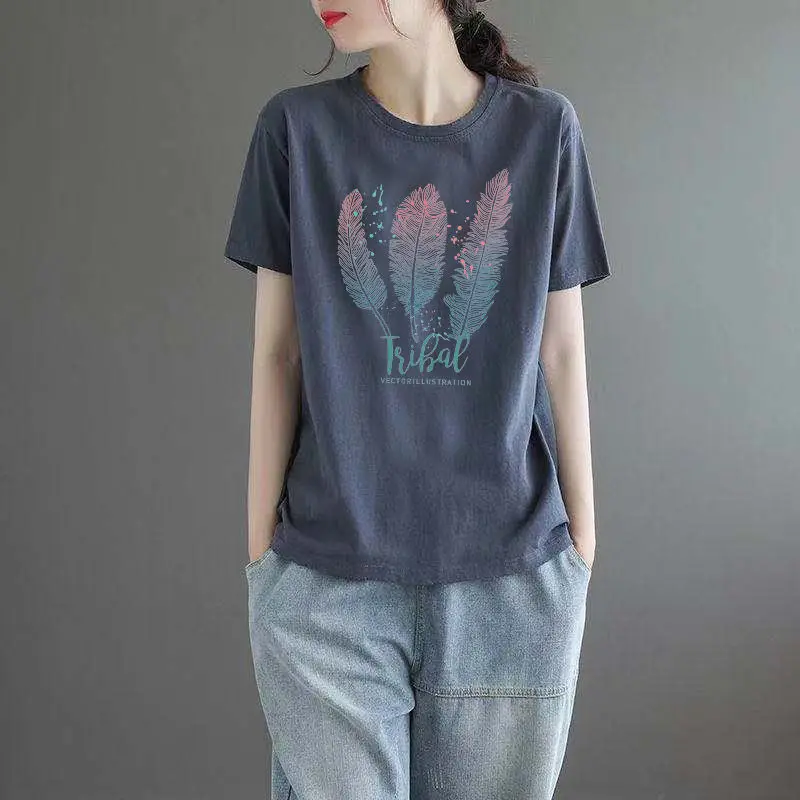 

Summer Fashion Shirt Feather Print T-shirt Women Tops Short Sleeve Vintage O-neck Tees Y2k Top Casual Loose Cotton Girls Tshirts