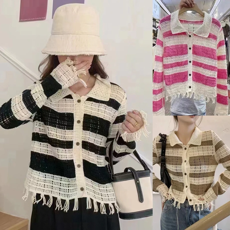 

573B Women Hollow Knit Long Sleeve Cardigan Striped Button Down Tassel Sweater Jacket