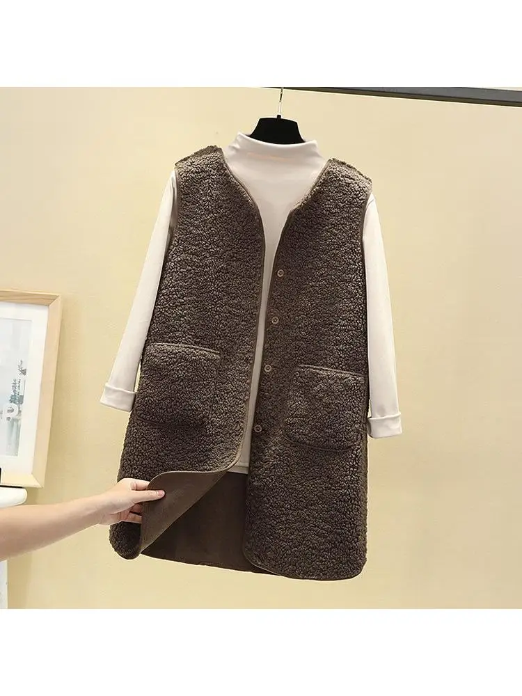 

Korean Lamb Wool Long Women Vest Winter V-neck Single Breasted Pocket Fur integration Vest Coat