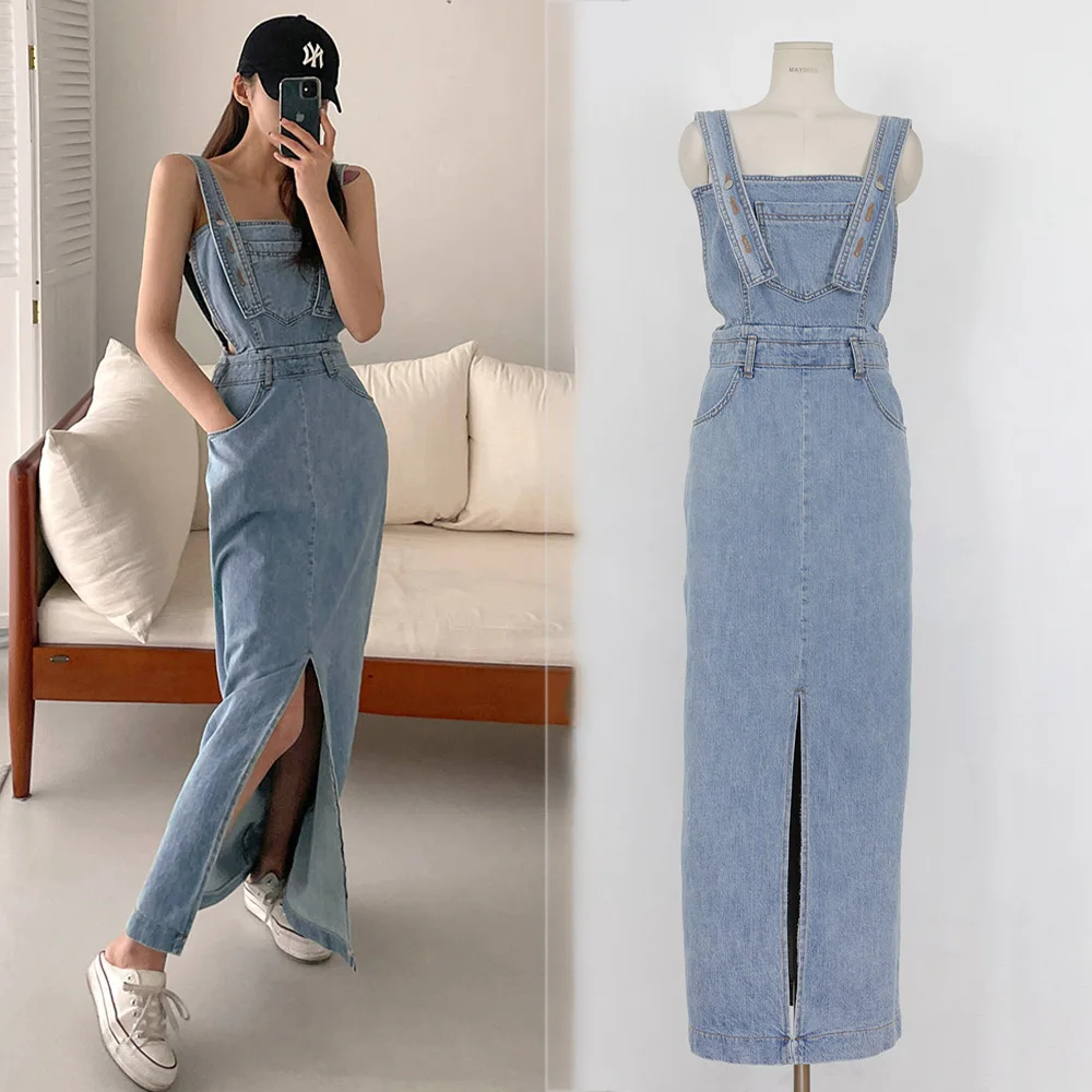 

Женское джинсовое платье на бретелях-спагетти, длинное облегающее платье с высокой талией и разрезом на бедрах, Новое поступление на лето