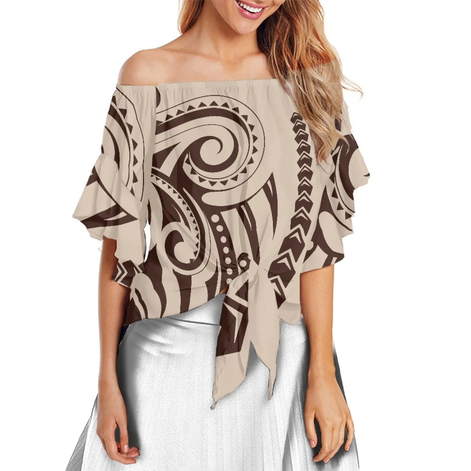 Женская рубашка с открытыми плечами из 100% полиэстера