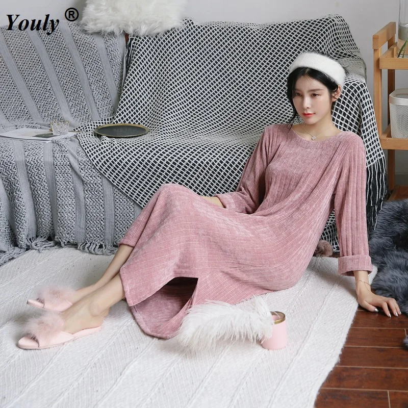 Knitting Warm Winter Pullover Long Nightgowns 2021 High-quality Thick Casual Sash Loose Homewear Outerwear Sleepshirts Dressing