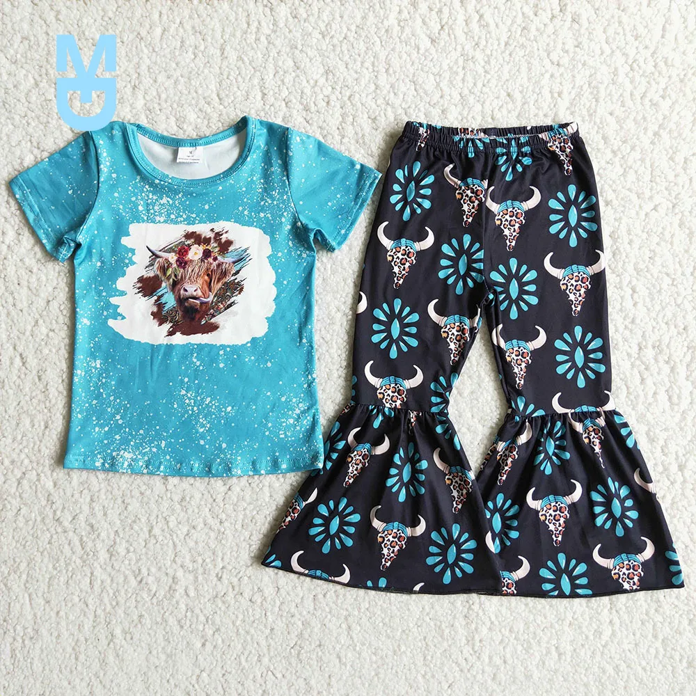 

New Hot Sale Children Fashion Clothes With O-Neck High Quality Baby Girls Cow Print Top And Bells Set