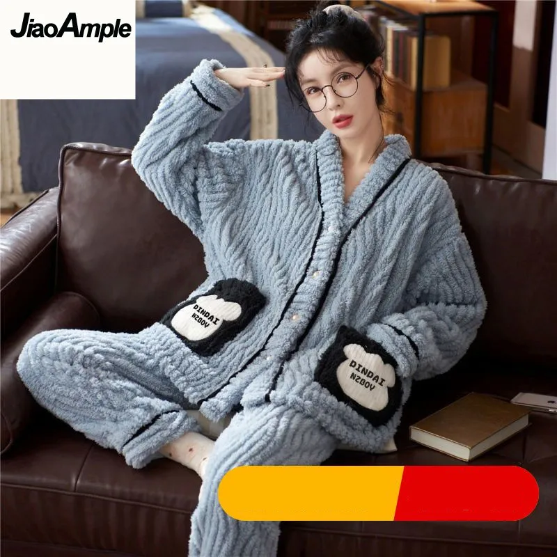 Coral Velvet Pajamas Women's Winter Warm Cardigan Sleepwear Set Korean Loose Long Sleeve Cute Pijamas Homewear Two Piece Set