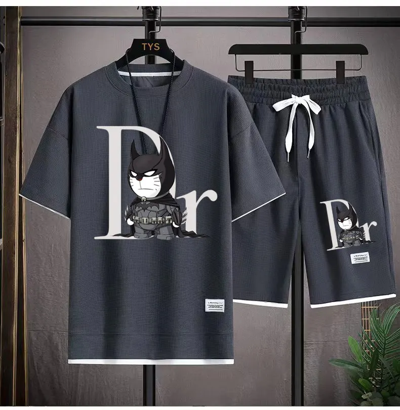 Summer new men's sets Japanese anime cat print tops short sleeve T-shirt sports shorts set breathable jogging beach men clothing
