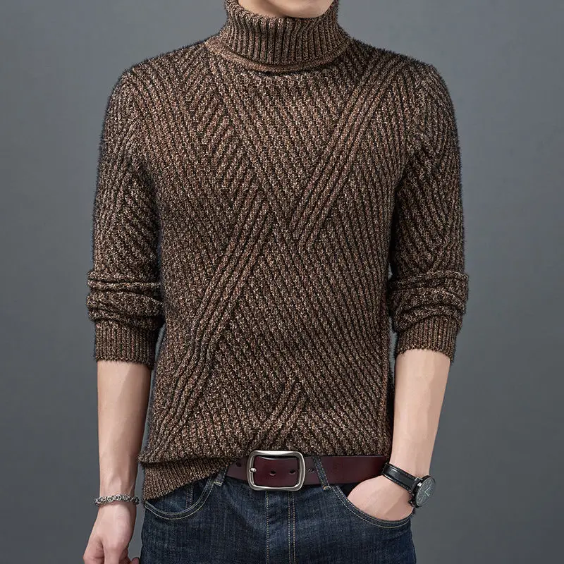 

20022 High Collar Winter Men's Thickened Ferret Fashion Men's Underlay Geometric Pattern Knitwear for Warm and Comfortable