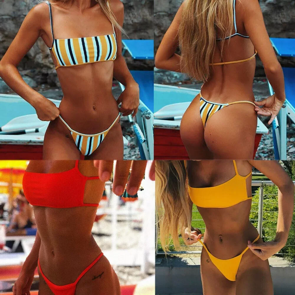 

2022 Summer Sexy Women Bikini Set Padded Bra Straps Sleeveless Swimsuit Ladies Bandage Push-up Beachwear Triangle Swimwear