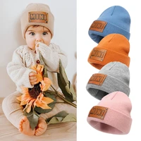 fashion baby hat winter leather lable knitted baby beanie toddler cap for girls boys infant accessories children hats 8 colors