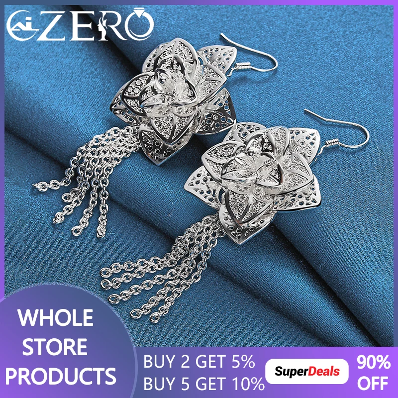 

ALIZERO 925 Sterling Silver Camellia Flower Long Tassel Drop Earrings For Woman Fashion Charms Jewelry Noble Elegant Accessories