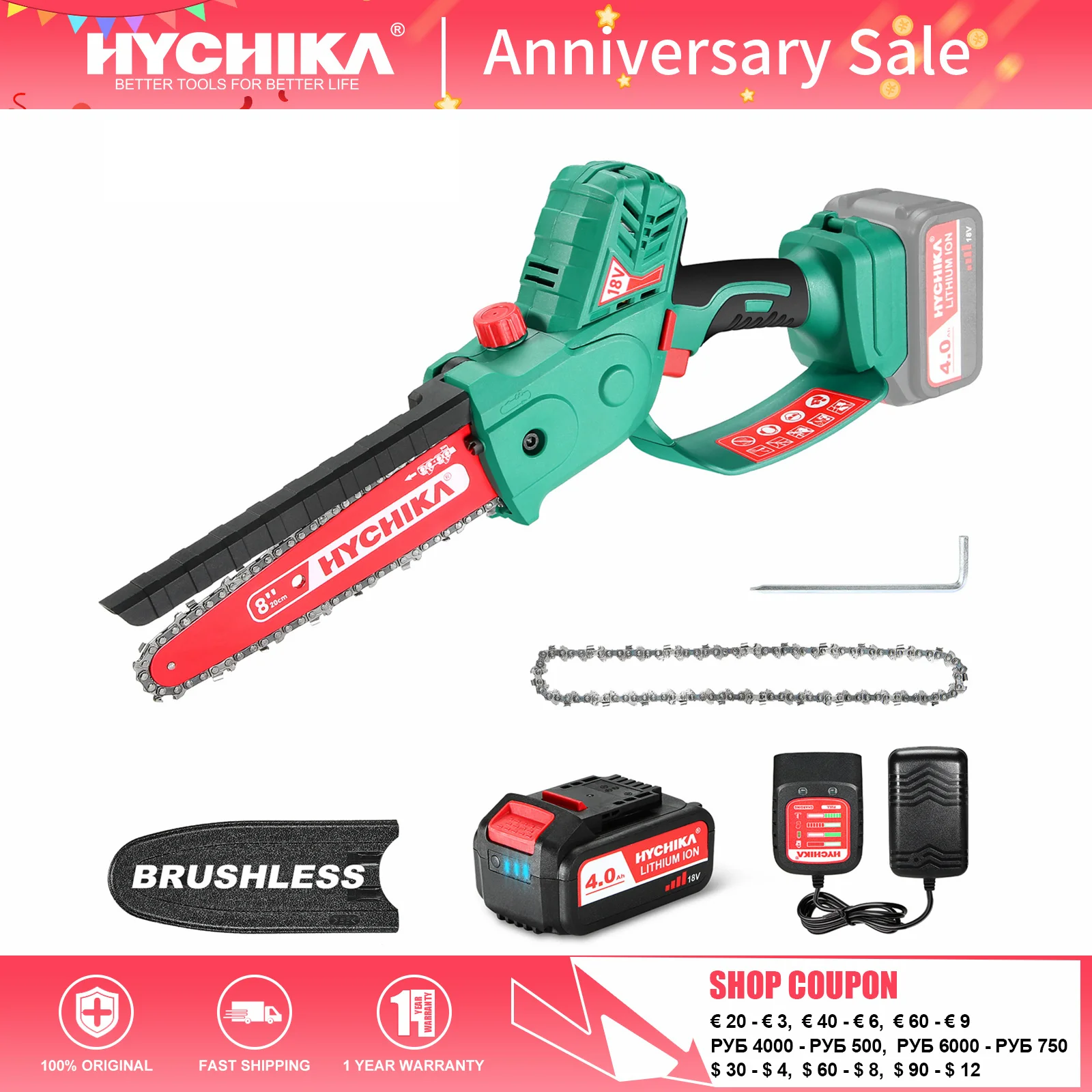 

Brushless Chain Saw HYCHIKA 18V Mini Chain Saw with Battery Electric Circular Saw for Garden Pruning Shears and Wood Cutting