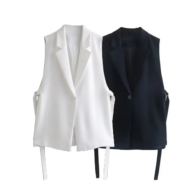 

SuperAen European and American Style Women's New 2022 White Black Fashion Sleeveless Suit Collar One Button Split Vest