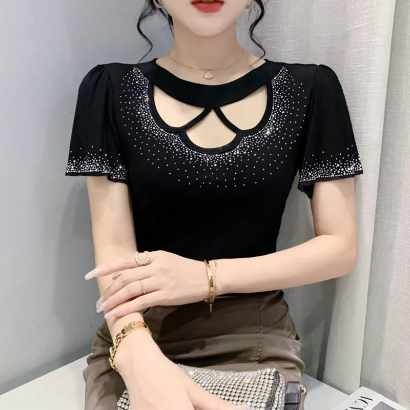 

Summer New 2022 Fashion Casual Women Tops Elegant Slim Ruffles Sleeved Sexy Hollow Out Diamond Mesh T-Shirt