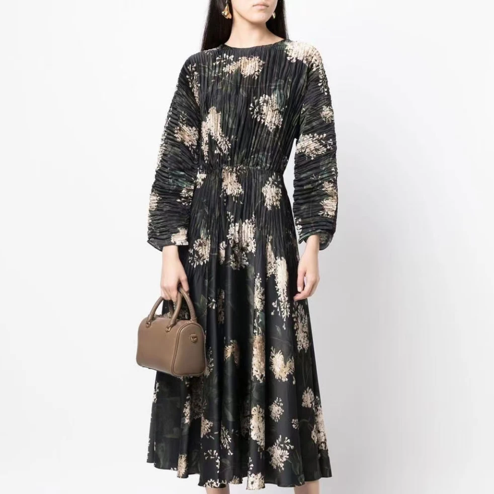 Women's pleated long dress Floral printing high waist fashion midi dress