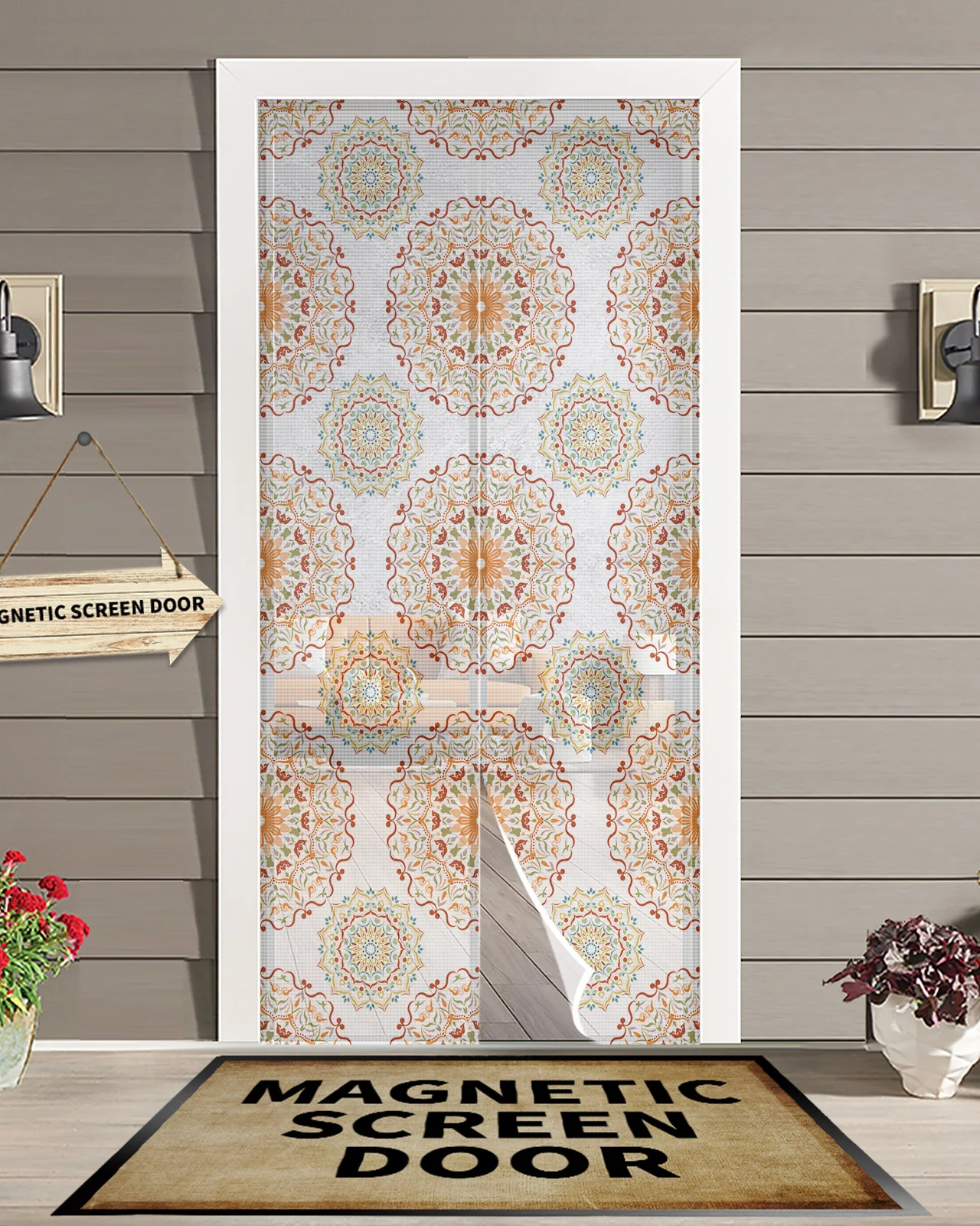 

Boho Flower Mandala White Anti Mosquito Gauze Door Curtain Magnetic Door Screen for Bedroom Summer Door Window Screens