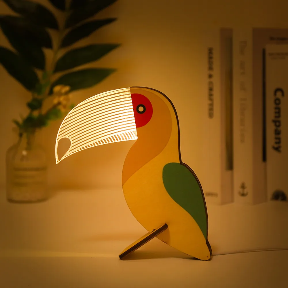 Animals LED Night Light Wood Acrylic Table USB Lights Decorate Bedside Lamp Pelican Toucan Sirius Whale