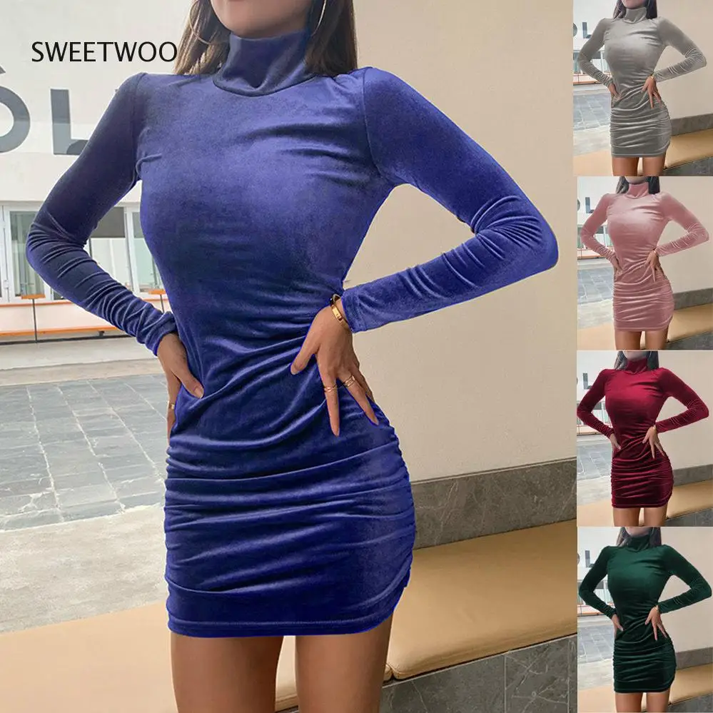 

Новинка 2022, облегающее платье с высоким воротником и длинным рукавом для женщин, винтажные элегантные облегающие платья, женское модное пов...