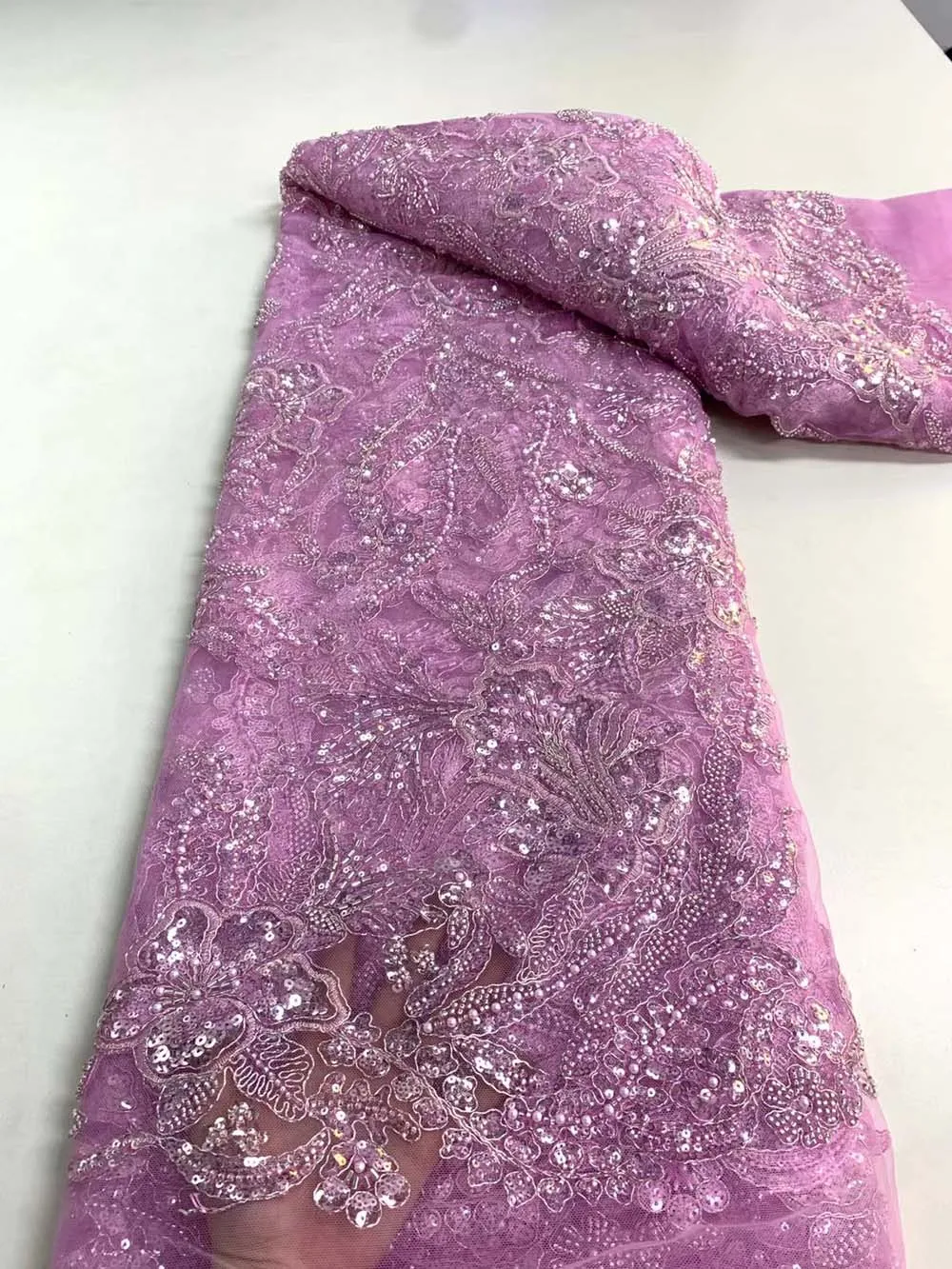 

African Lace Fabric Sequins Beads Craft Flowers Tulle French DIY Design Banquet Embroidery Wholesale By The Yard Wedding Dress