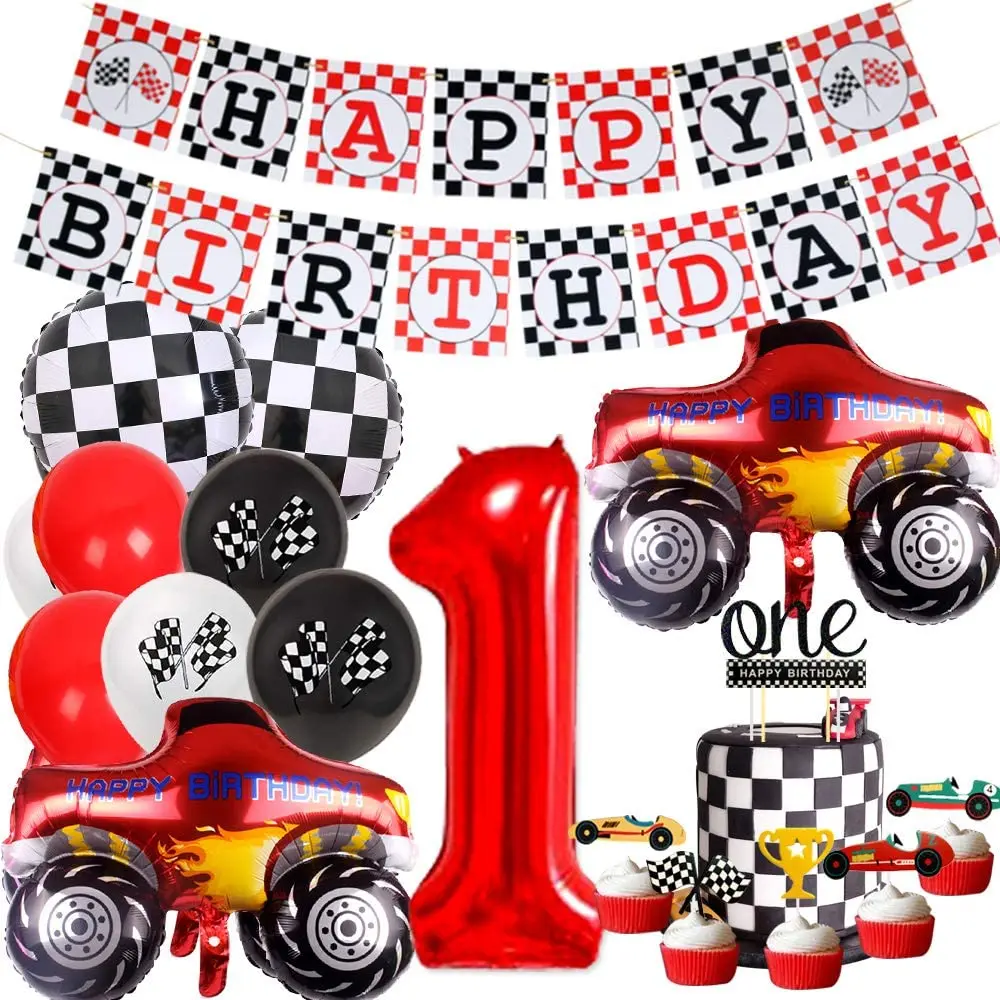 

JOYMEMO Racing Car 1st Birthday Party Decorations for Boys Happy Birthday Banner Let’s Go Racing Checkered Balloons Cake Toppers