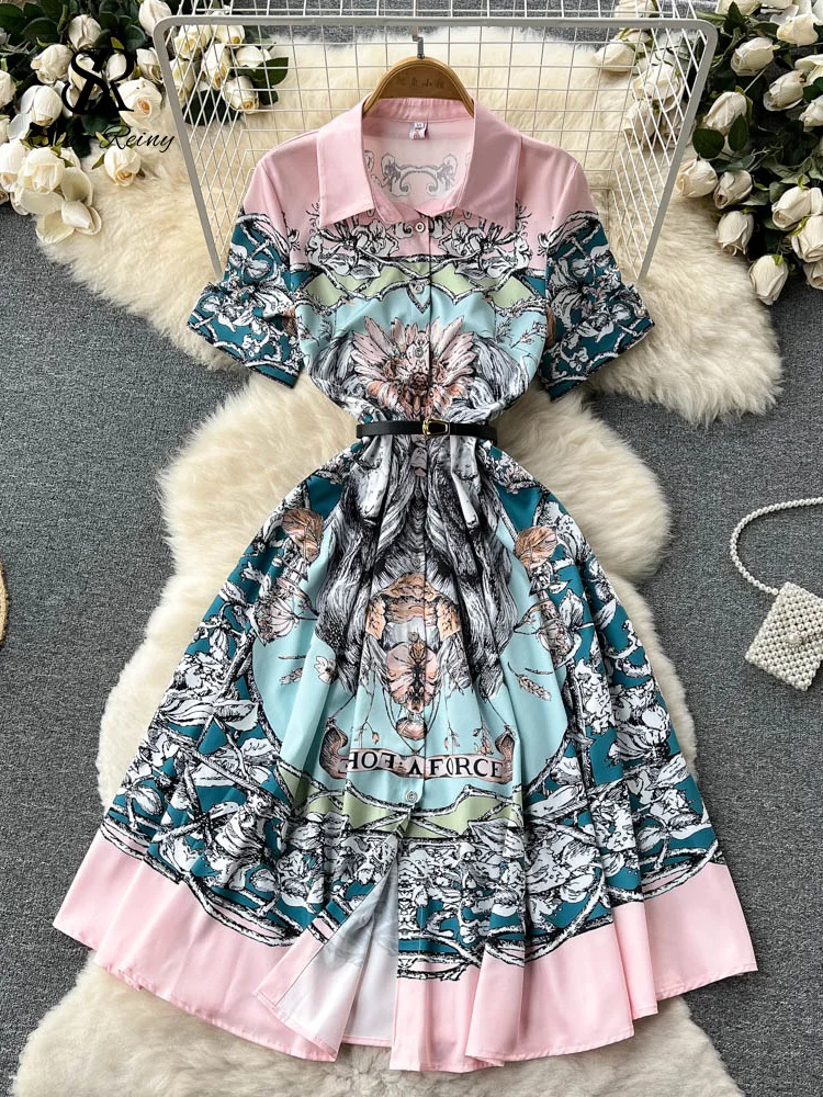 

LIRUICHENG Women Floral Print Chiffon Dress Lapel Single Breasted Sashes French Style Retro Ladies A Line Long Slim Dresses