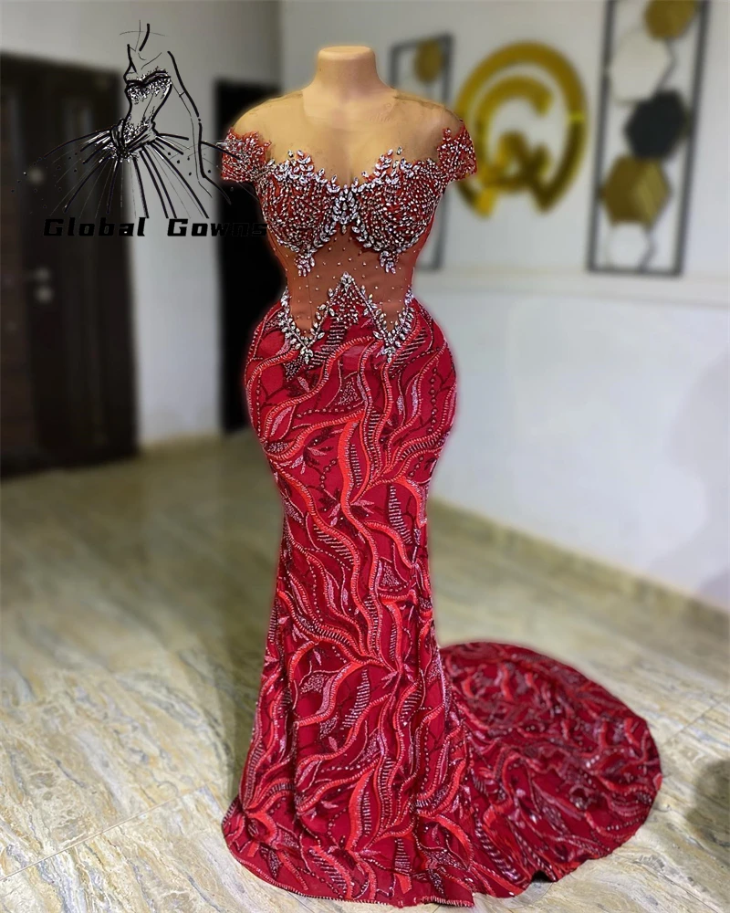 

Luxury Aso Ebi African Red Sheer O Neck Evening Dresses Beaded Crystal Formal Dress Mermaid Birthday Party Gown Black