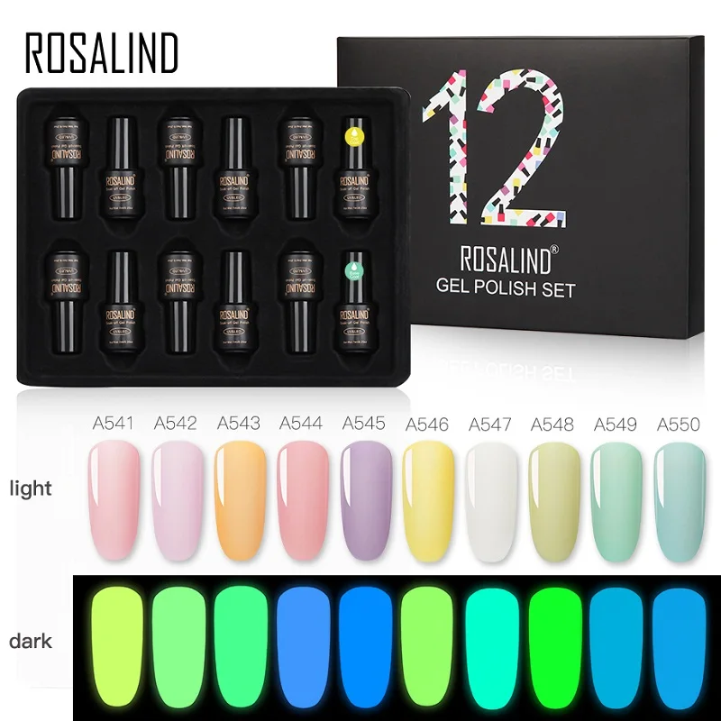 

LED Gel Nail Polish ROSALIND 12Pc/ Box Primer Gel Varnish Nightlight Luminous Soak Off UV Base Coat No Wipe Top Color Glitter