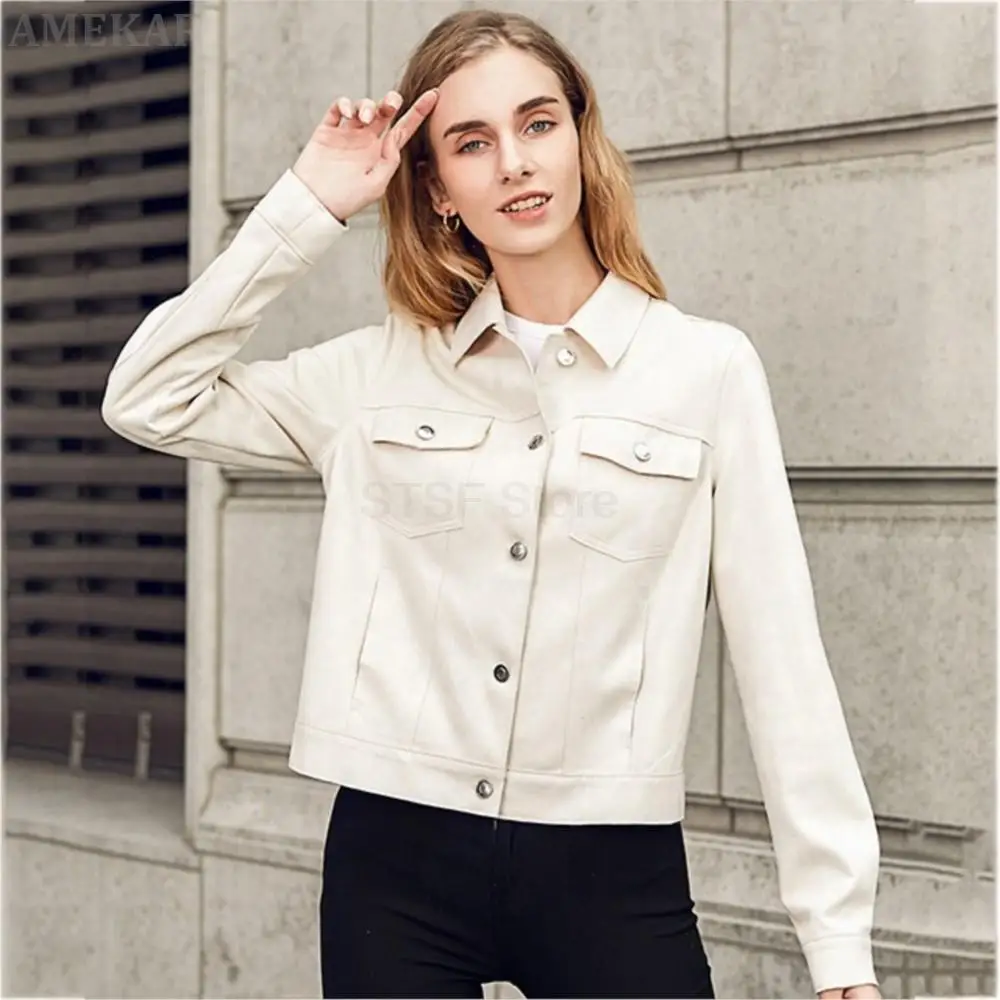 Women Winter Genuine Leather Lapel Jacket Button Belt Pocket Pure Color Coat Fashion Designer Long Sleeve Leisure Lady Top