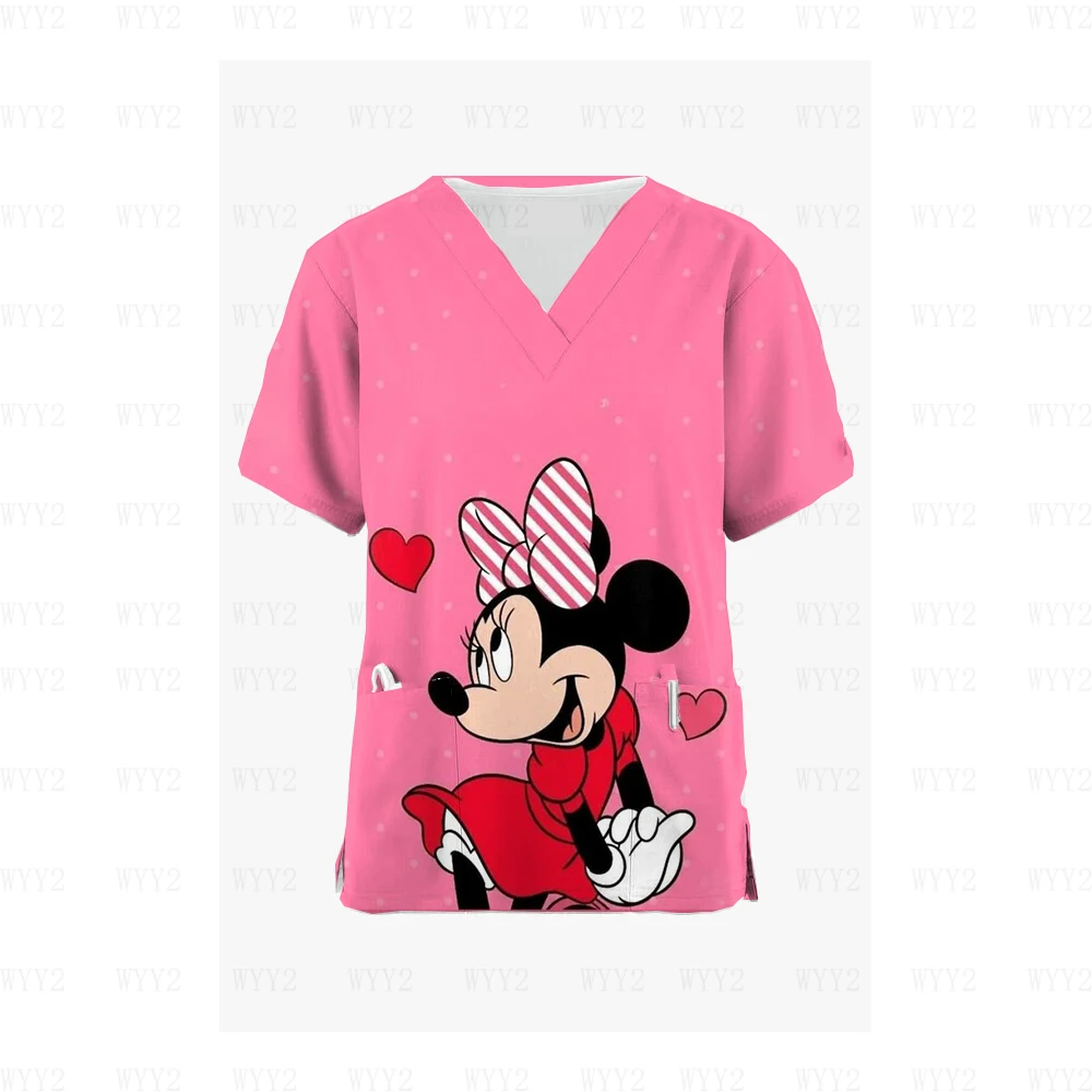 

Disney Mickey Minnie Cartoon Print Nursing Scrub Top Women's T-Shirt Short Sleeve V Neck Beauty Shop Uniform Nurse Dress