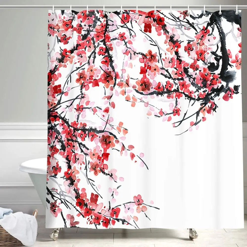 

Cortina de ducha de flores y plantas de tinta, juego de decoración de baño blanco moderno con estampado de acuarela, flor de