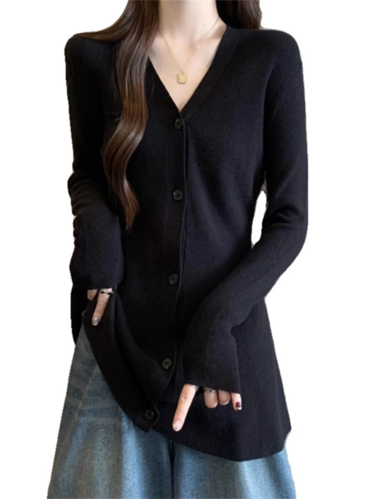 Plus size Autumn and Winter Long sleeve Design Sense Mid-Length V-neck Knit cardigan Women Chubby Girl Slimming Slim fit Bott...