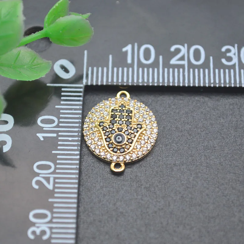 High Quality Nickel Free Anti Rust  Gold Plated CZ Pave Round Hamsa Hand Charm Connectors  for Diy Jewelry Making 10pcs