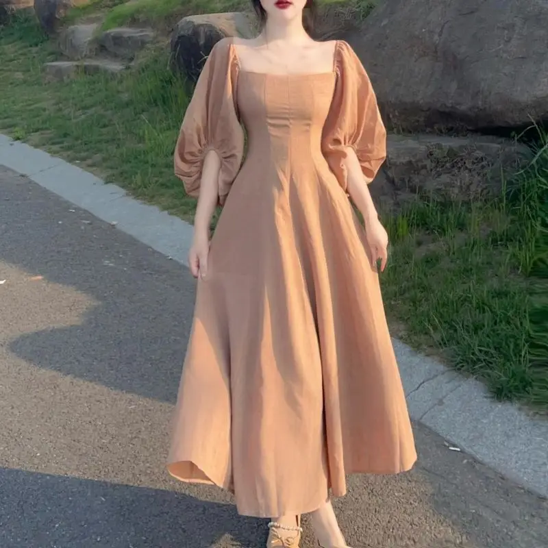 

Women Dress Khaki Puff Sleeve Solid Simple Midi Dress A-Line High Waist Vintage Dress Summer Vestidos