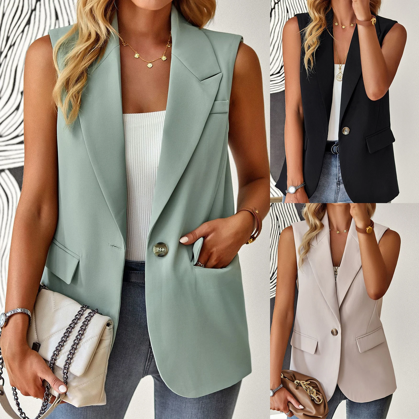 

Women Casual Summer Vest CoatFashion Soild Color V Neck Office Lady Vest Turn Down Collar Female Vest with Pockets