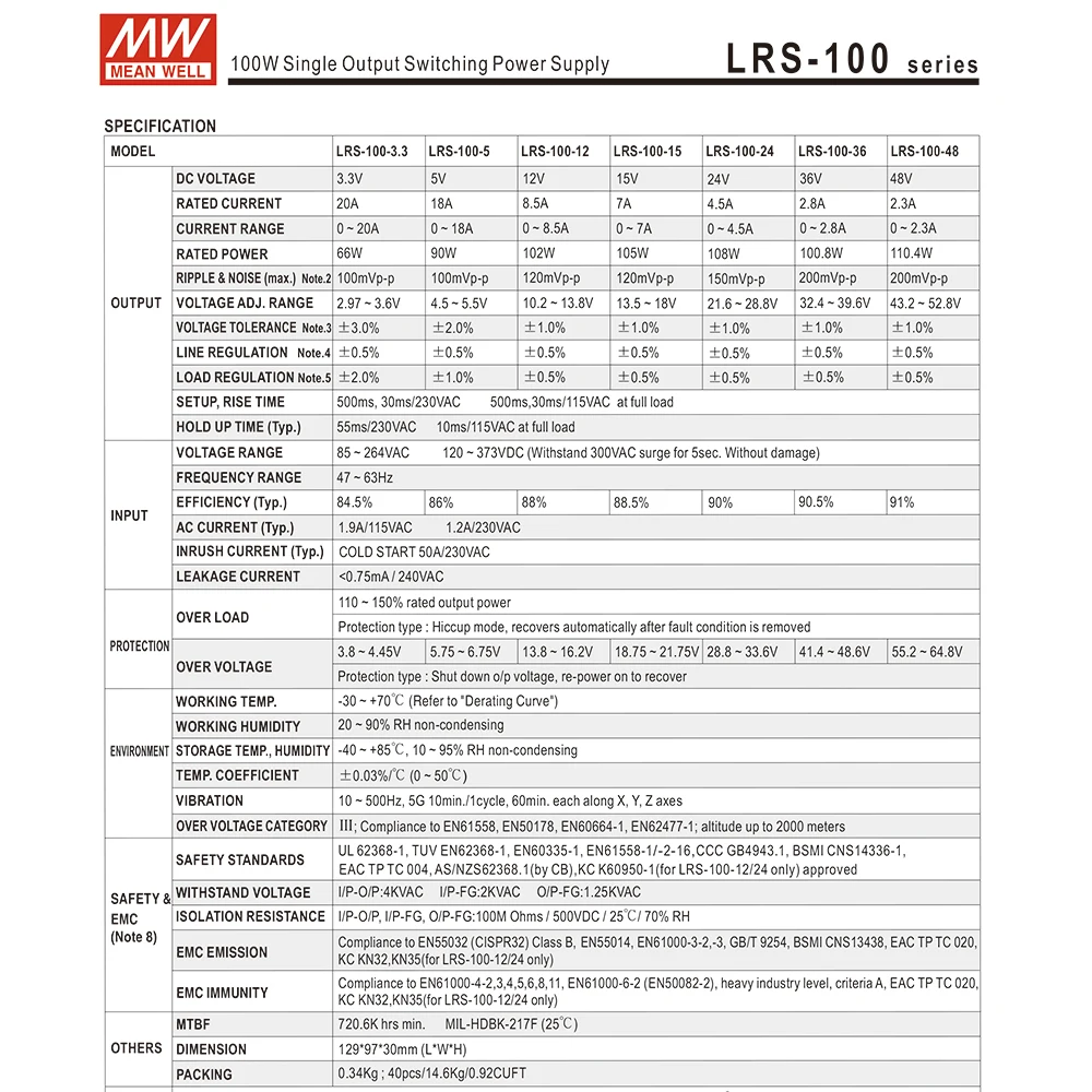Средство питания переключения с одним выходом Mean Well LRS-100-48 85-264VAC TO DC 48V 2.3A 110.4W Минвелл ЛЕД-драйвер.