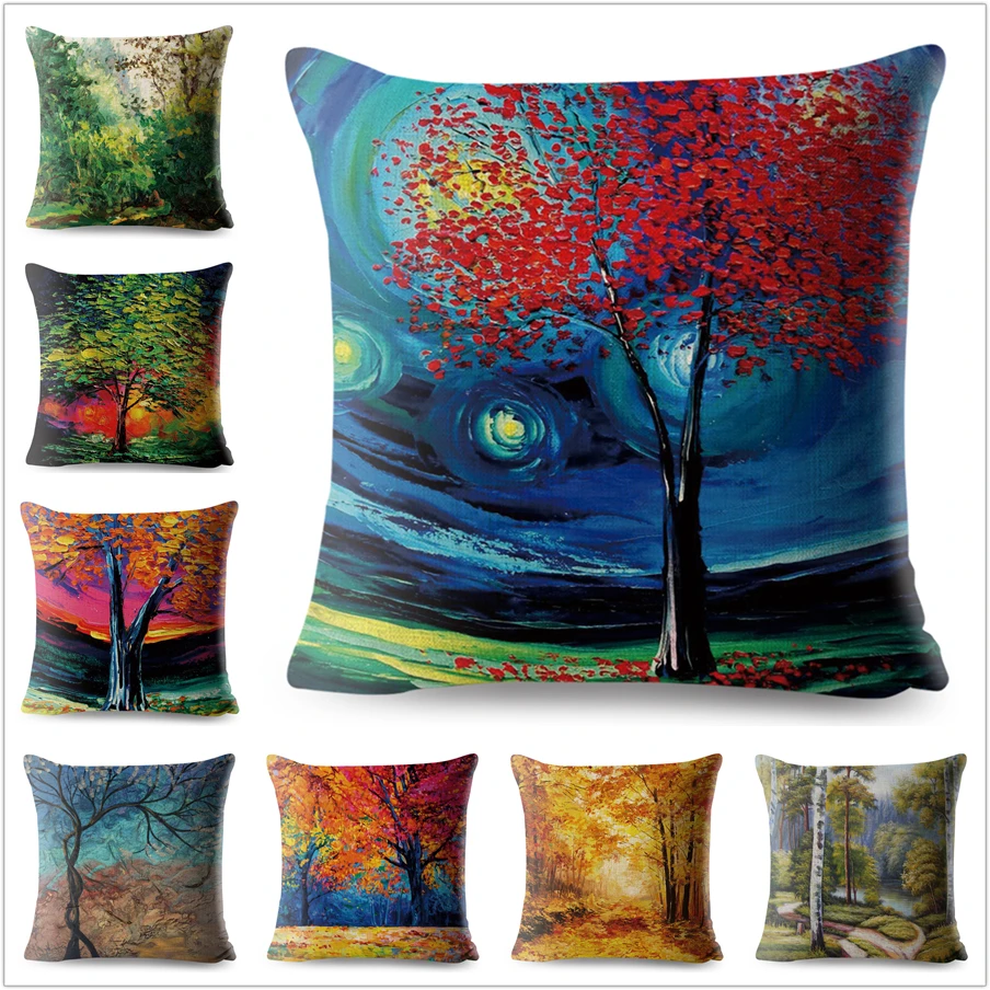 

Colorful Painting Decorative Trees Flowers Printed Pillowcase Cushion Cover Polyester Pillow Case for Sofa Home 45*45cm