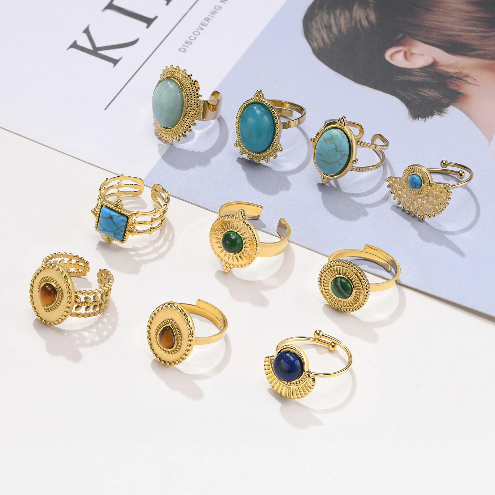 

Luxury Stone Rings for Women, Open Brand Cocktail Adjustable Natural Stone Anniversary Holiday Jewelryy