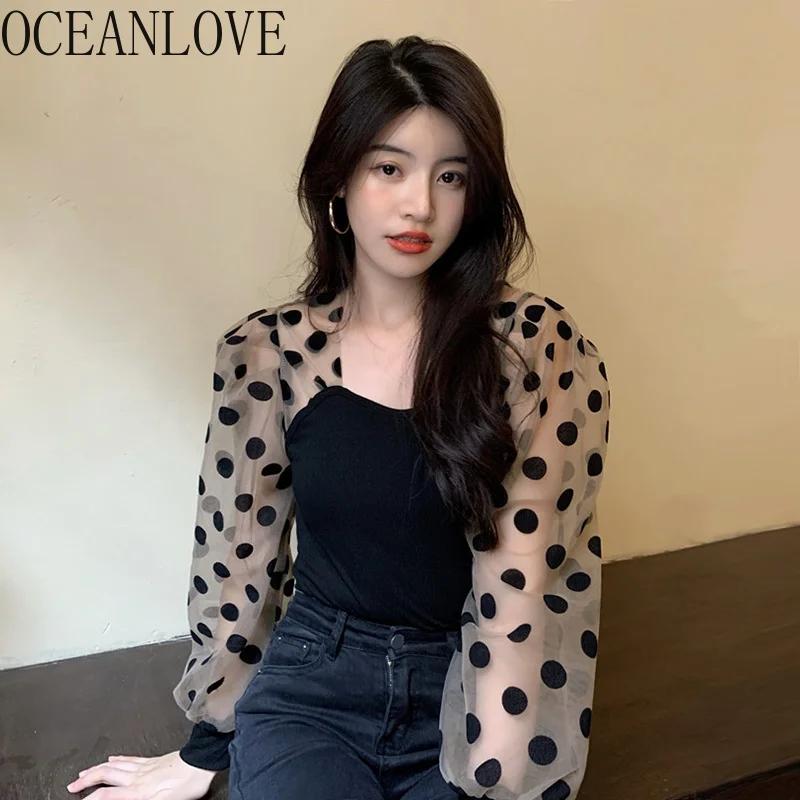 

Polka Dot Vintage Tops Women 2022 Blouses Patchwork Square Neck Slim Sexy Blusas eminina Korean Chic Shirts