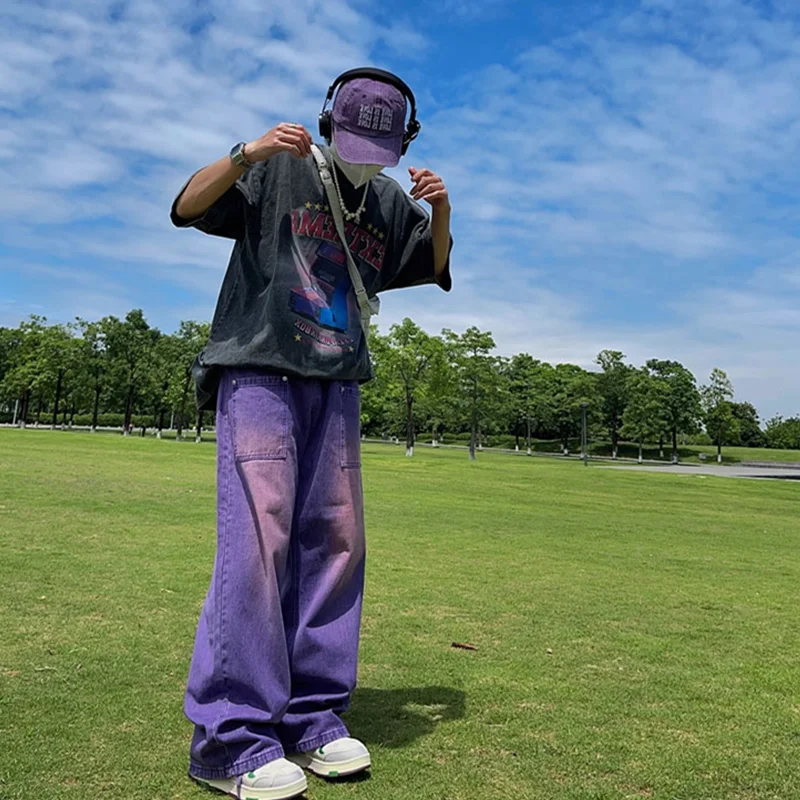 Streetwear Men 2022 New Style Recreational Comfortable Purple Jeans Loose Temperament Versatile Wide Leg Mop Pants Autumn Female