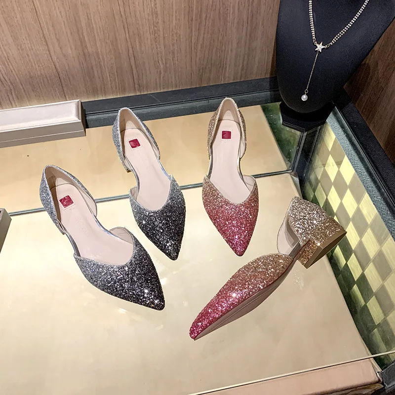 

Mixed Colors Bling mid Heels Pumps Women Shoes 2022 Spring Autumn Shoes Women Fashion Shallow Pointed Square Heel Party Shoes