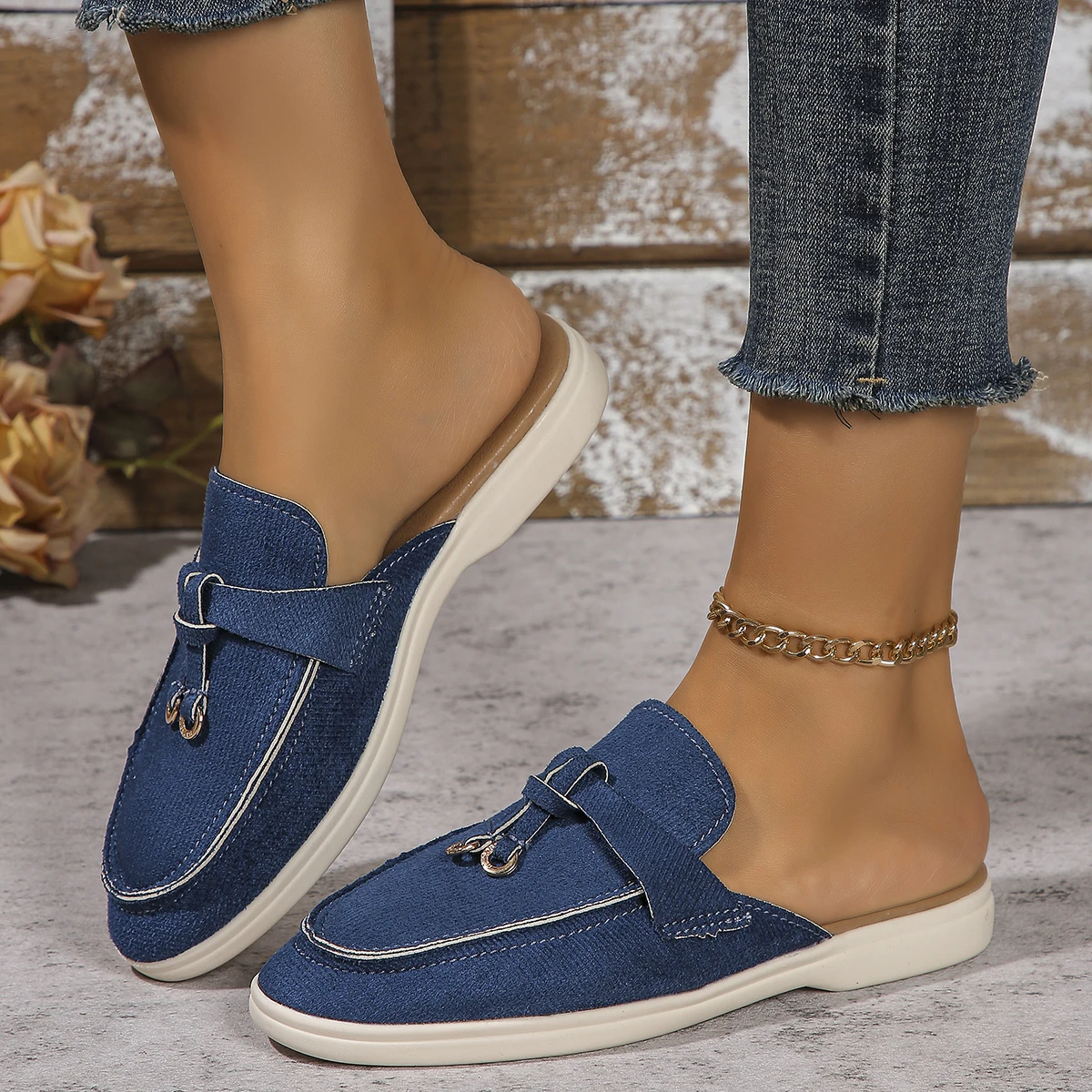 Женские туфли без задника повседневные лоферы с бахромой на плоской подошве