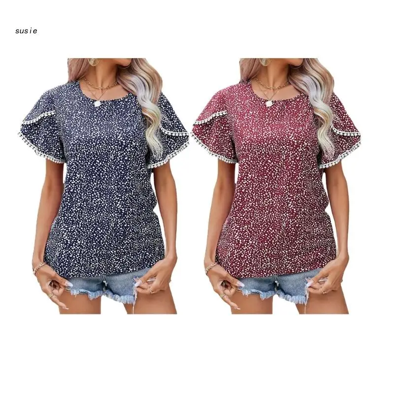 

X7YA Womens Loose Casual Tunic Tops O-Neck Puff Short Sleeve T-Shirt Color Print Blouses Babydoll Tops Summer Casual T-Shirt