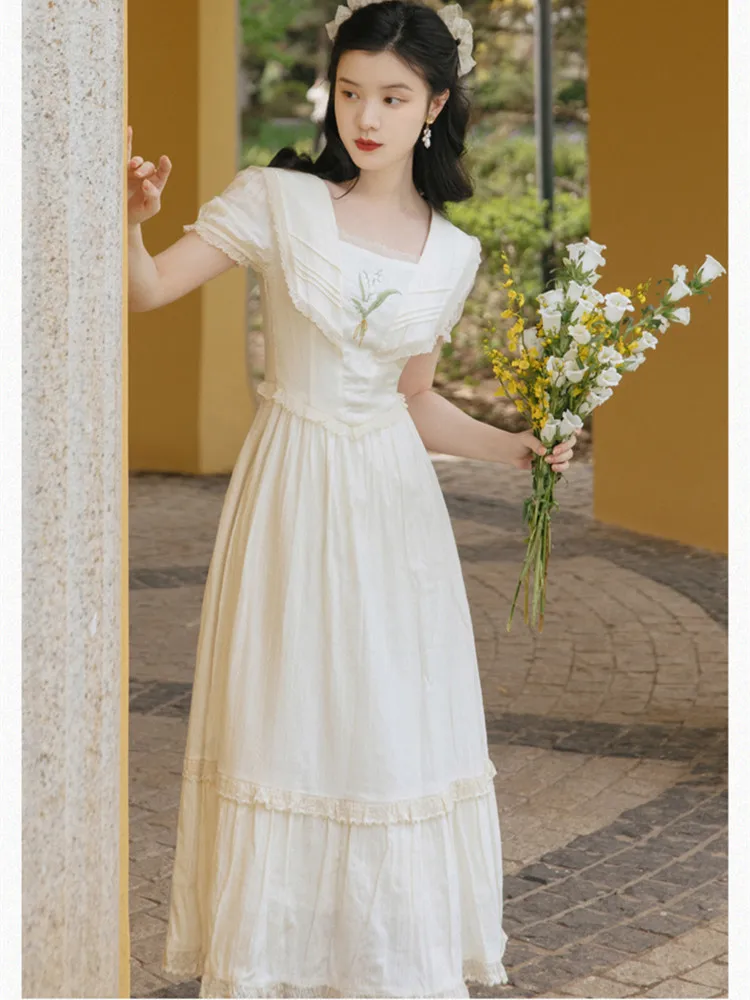 

Женское платье принцессы с вышивкой, элегантное винтажное платье во французском ретро-стиле с V-образным вырезом и высокой талией для вечер...