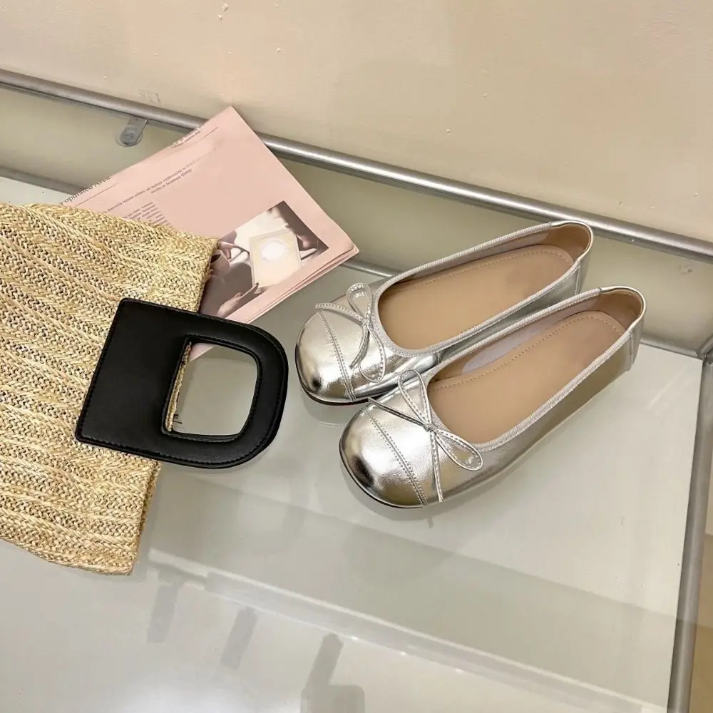 Удобные туфли Мэри с круглым носком и бантом кожаные на мягкой подошве плоской