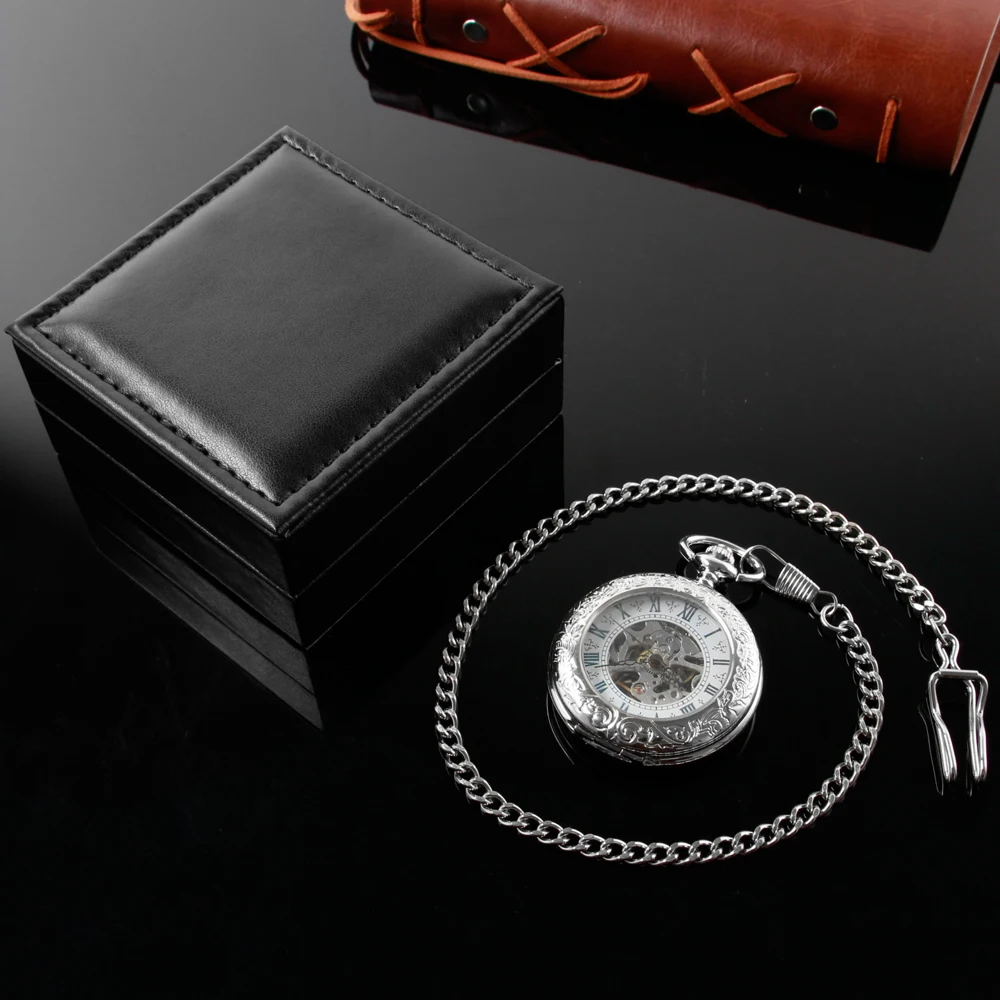 Antique Silver Mechanical Pocket Watch Hand-winding Casual Retro Luxury Gift Box Set for Elderly Parents