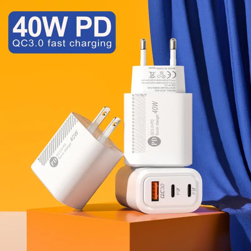 

Small Twill Charger With Dual PD+USB 40W TYPE-C Ports For Fast Charging QC3.0 European And American Travel Fasting Charger Hot!