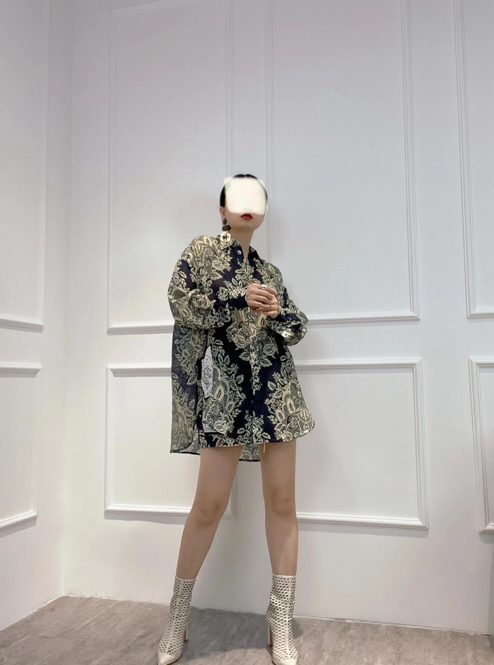 

Vintage Blouses and Short 2022 Summer New Hot Sale Navy Blue Long Sleeve Silk Cotton Loose Shirts 2 Piece Set